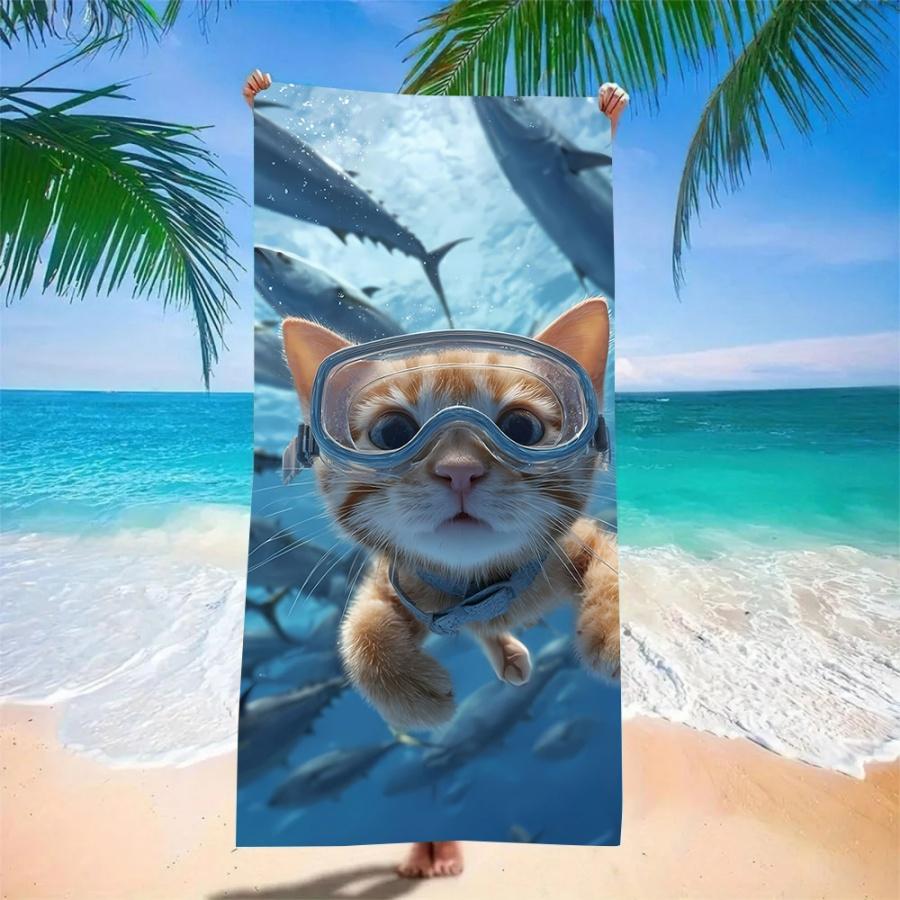 Funny Cat Diving Beach Towel - Quick Dry Microfiber with Scuba Cat & Tuna Fish Print, Soft Novelty Gift Blanket for Ocean Lovers