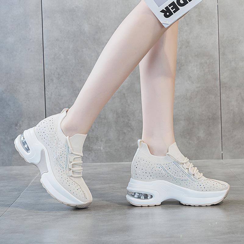 inner height increase women's shoes mesh surface breathable hollow leisure sports spring light white shoes thick sole