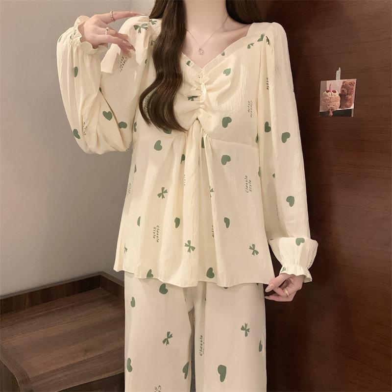 Love Letter Print Raglan Sleeve Design 2 Piece Pajamas Set Women Korean Sweet Casual Simple Pajamas Set Autumn Winter Homewear