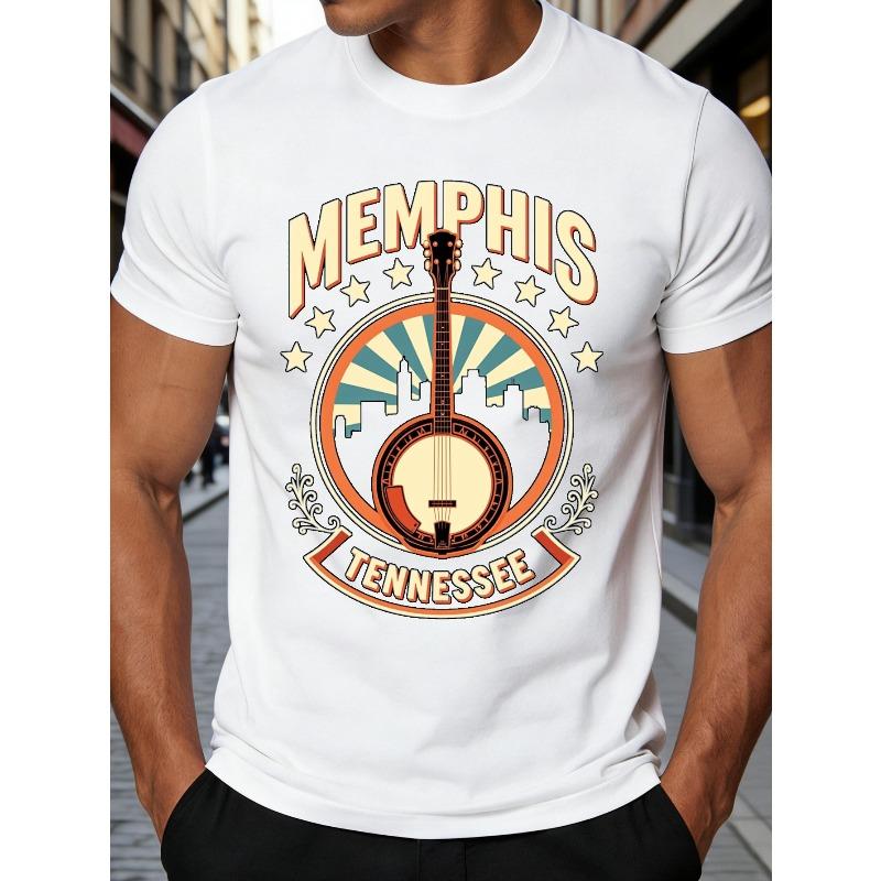 European Size Retro Style Men's T-Shirt Memphis Tennessee Banjo And Cityscape Design Summer Casual Wear for Music Lovers And Travel Enthusiasts