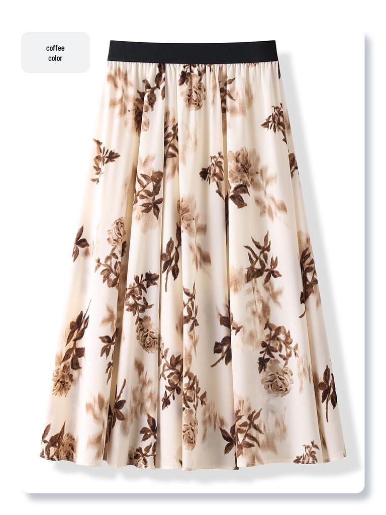 Women's Floral Print Pleated French Chiffon Midi Skirt - Spring/Summer 2025 High-Waist A-Line Design
