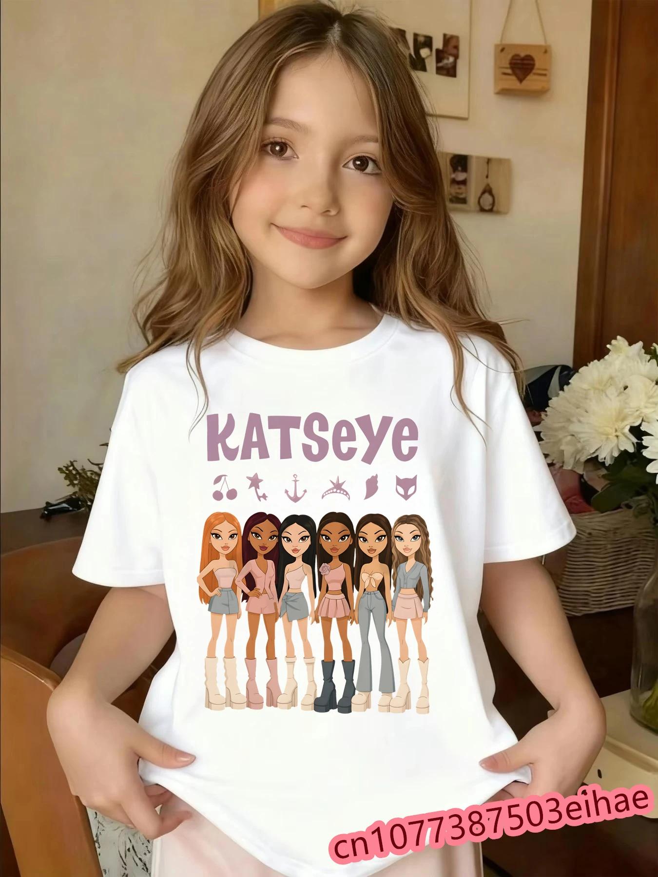 Kinder Sommer KATSEYE Sänger Aufdruck T-Shirt, Y2K Streetwear Kurzarm Oberteil, Lässiges Tägliches Mode Outfit für Jungen Mädchen Kinder 140 white