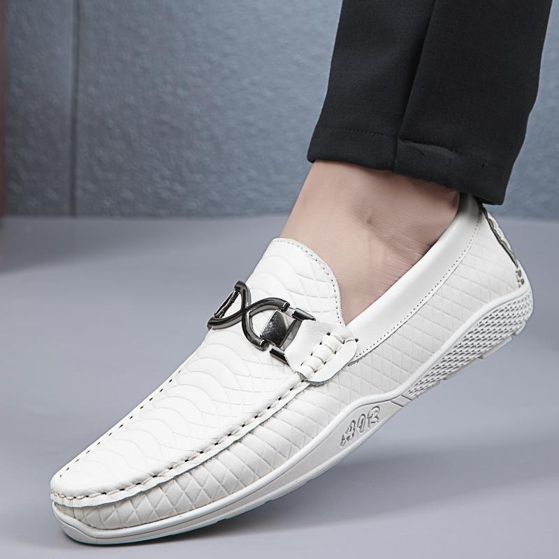 Модные белые мужские туфли повседневные мужские мокасины из натуральной кожи без застежек — фото 5