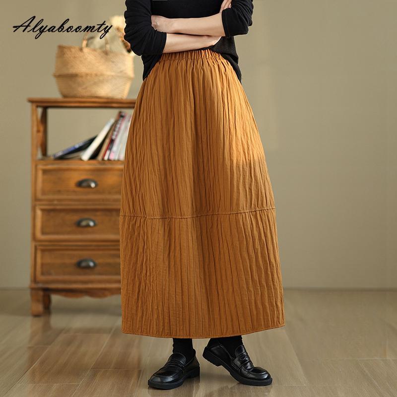 Korean Fashion Autumn Winter Women Warm Midi Skirt High Waist Black Beige Padded Skirt Loose Thicken Basic Solid Ladies' Skirt