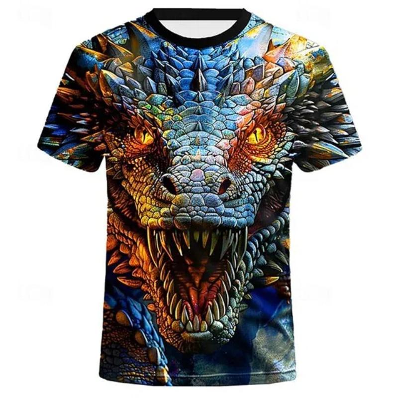 Men's Summer Casual 3D Printed Short Sleeve T-shirt Round Neck Large Size Printed Dragon Pattern Breathable Short Sleeve