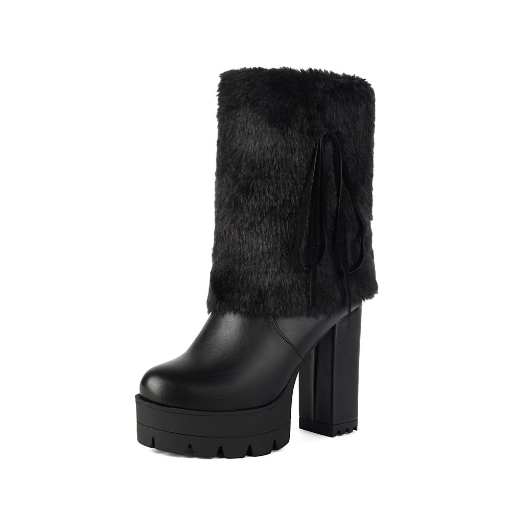 

Women s Fur Ankle Boots Platform Shoes Fashion Bow 11CM High Heels White Black Autumn Winter Short Boot Ladies Size 35-50 35