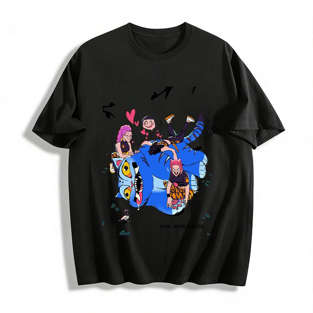 

K-Pop Demon Hunters Graphic Tee Cool Blue Tiger Idol Print Unisex Casual Loose Top Pure cotton T-shirt XXS
