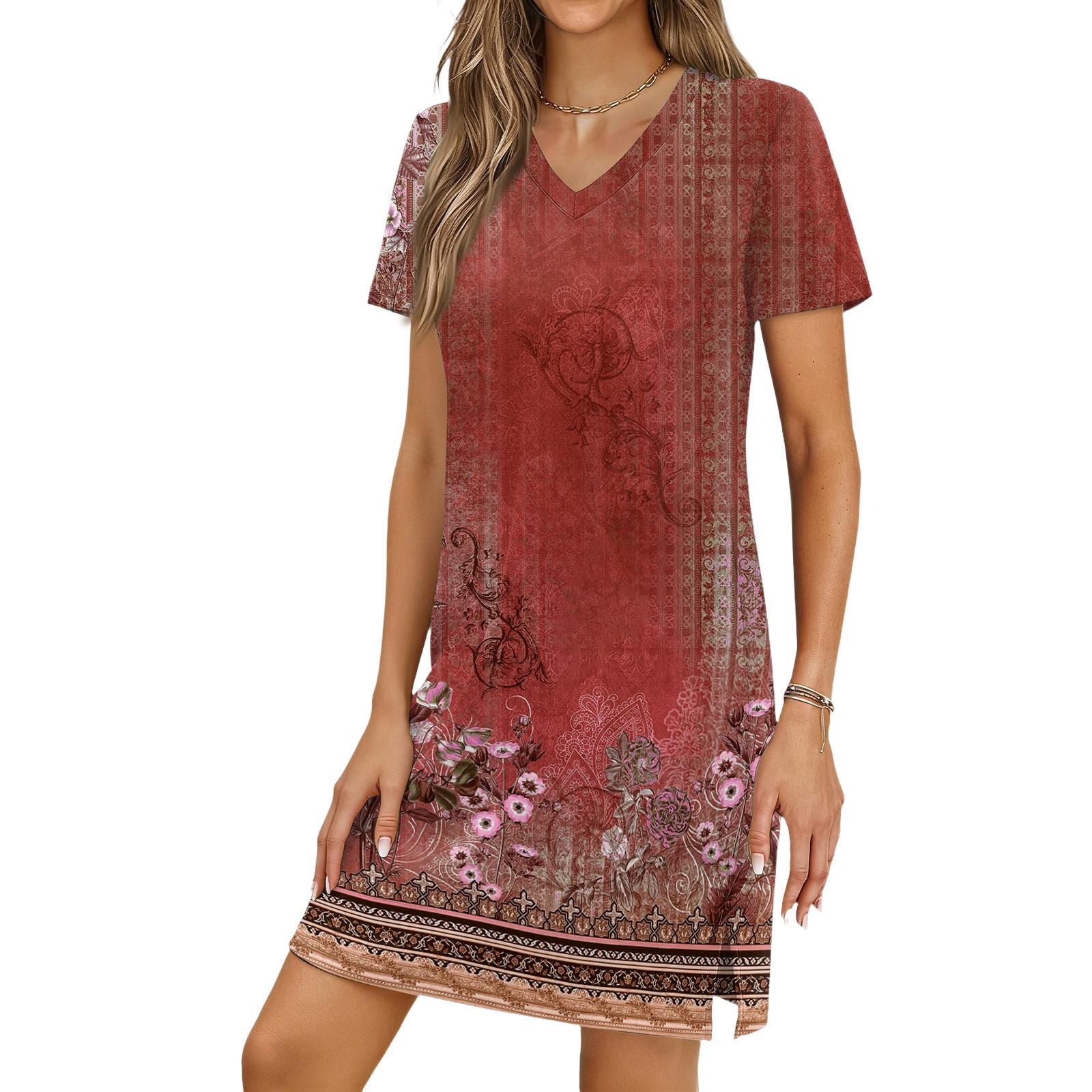 Women s Casual V-neck Short Sleeve Split Hem Vintage Printed Dress L