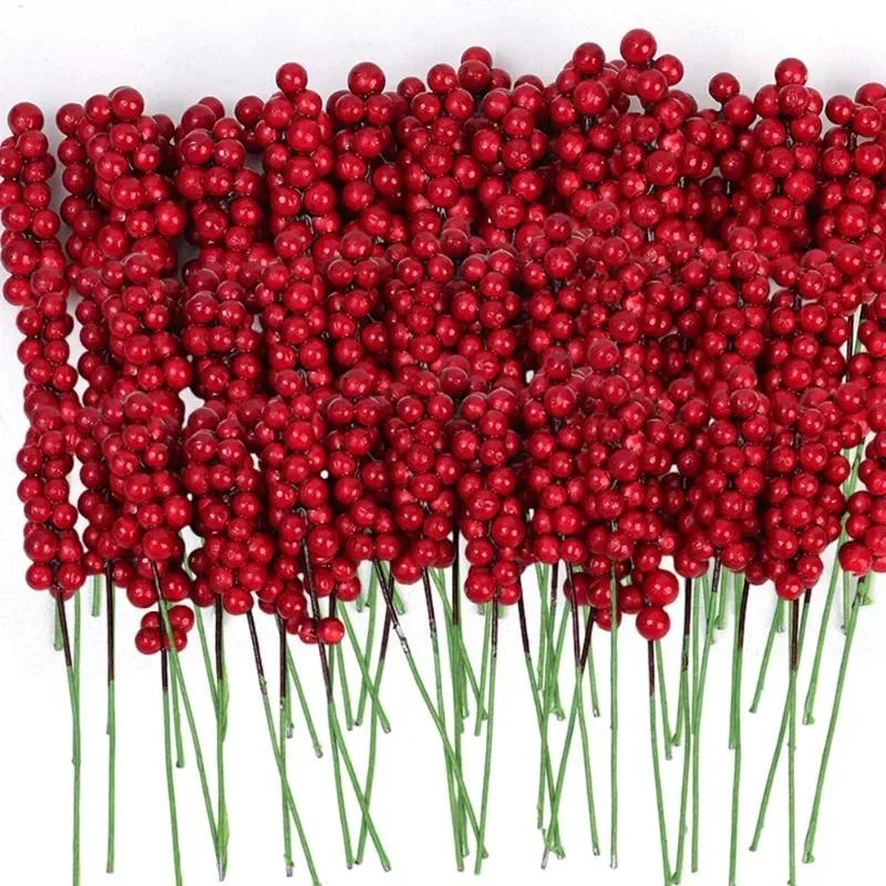 60/1pcs Artificial Red Berries Branches Christmas Holly Berry Stamen Plants Flowers Wreath Xmas Tree Ornaments Party Home Decor