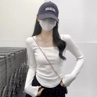 Irregular Curved Hem Long-sleeved Bottoming Shirt Women's Spring Waist Pinch Pleated Shoulder Shirt Pure Desire Wind Top