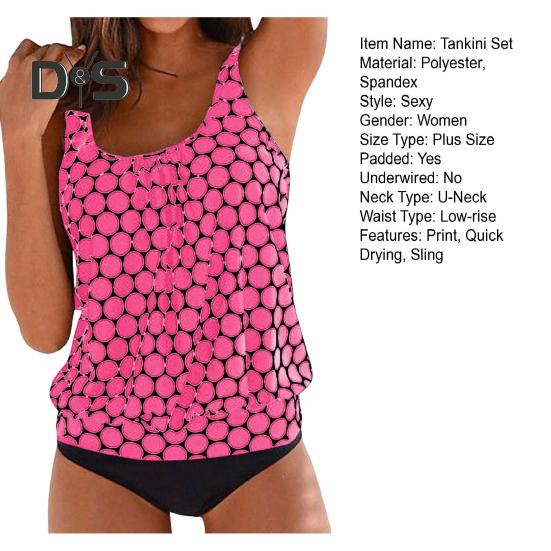 2-teiliges Tankini-Set für Damen, U-Ausschnitt, ärmelloses Oberteil mit Punktdruck, seitlicher Kordelzug, Badehose, schnelltrocknender Badeanzug