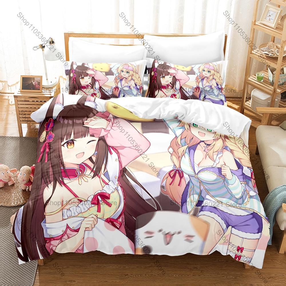 NEKOPARA OVA Themed Duvet Cover + 2 Pillowcases, Kawaii Cat Maid Anime Graphic Bedding Set Home Dorm Decoration