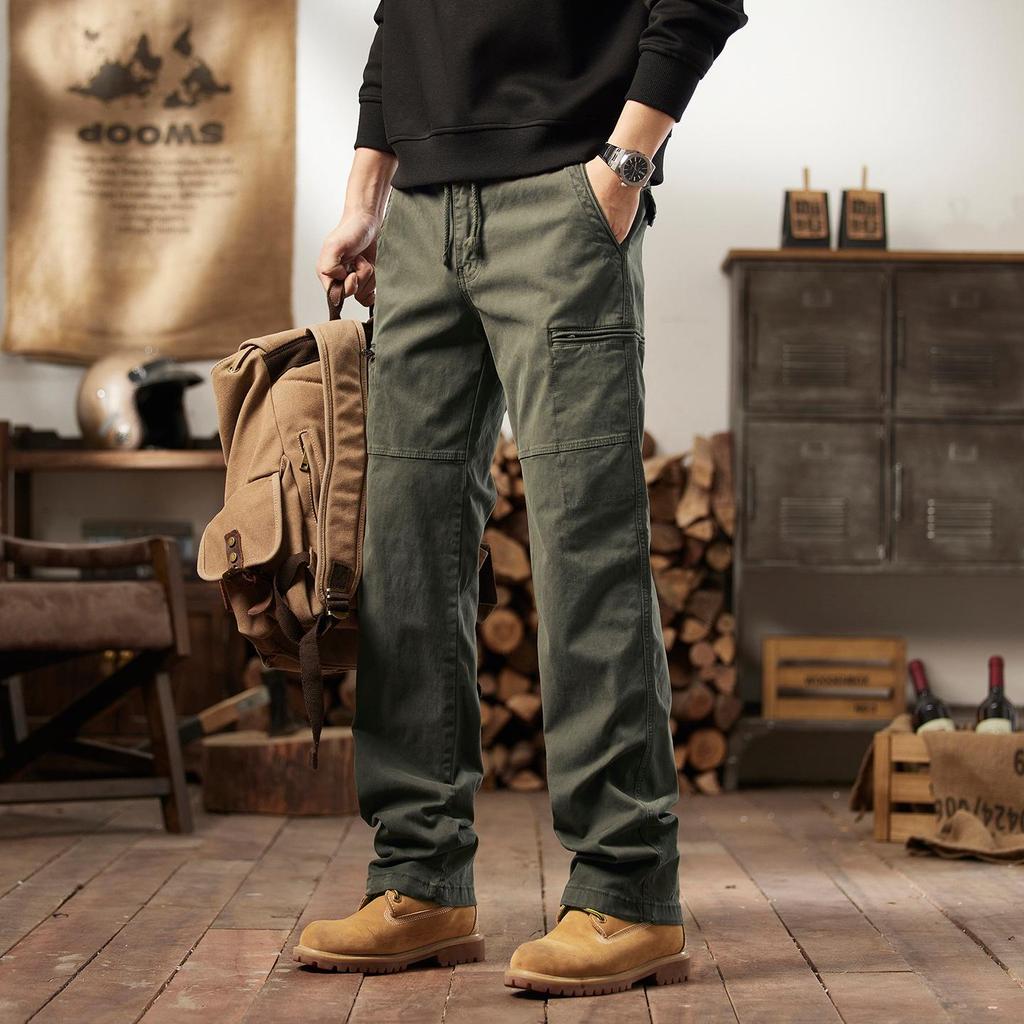Men's Retro Mountain Style Cargo Pants - Wide Leg, Multi-Pocket, Cuffed