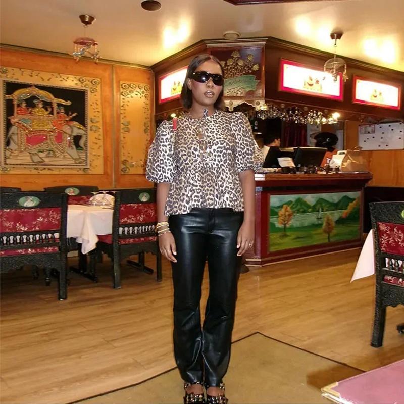 Leopard Bow Lace Up Women Shirts Blouses 2024 Loose Solid Puff Sleeve Pleat Shirt Top Spring Summer New Cropped Lady Streetwear