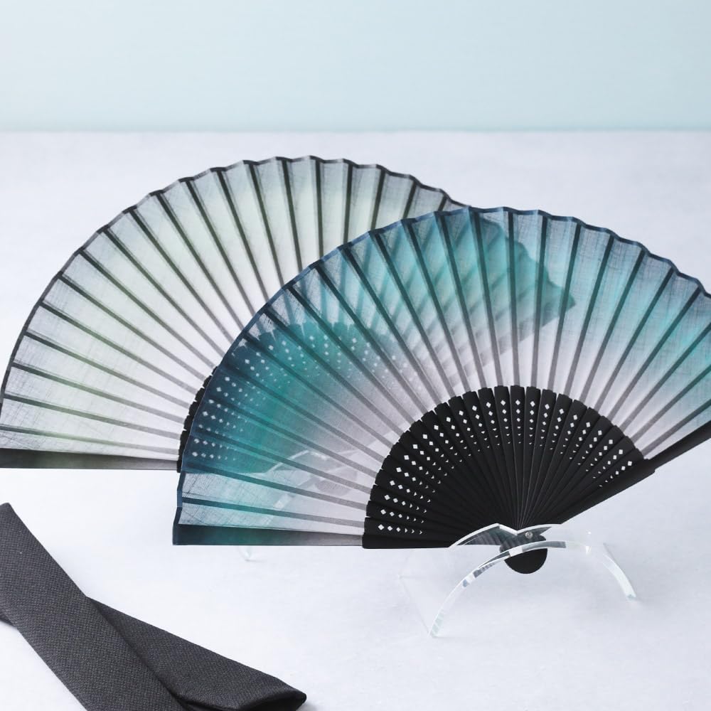 Folding Fan for Fan Fan Set with Gradation Pattern [Osaka Choseido] Men, Stylish, Business, Bag, Holder, Handkerchief, (navy)