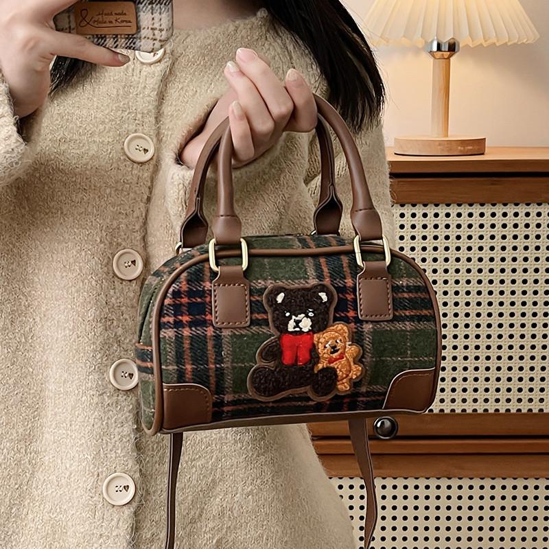Artistic Retro Small Bear Embroidery Check Pattern Handbag For Outings Casual