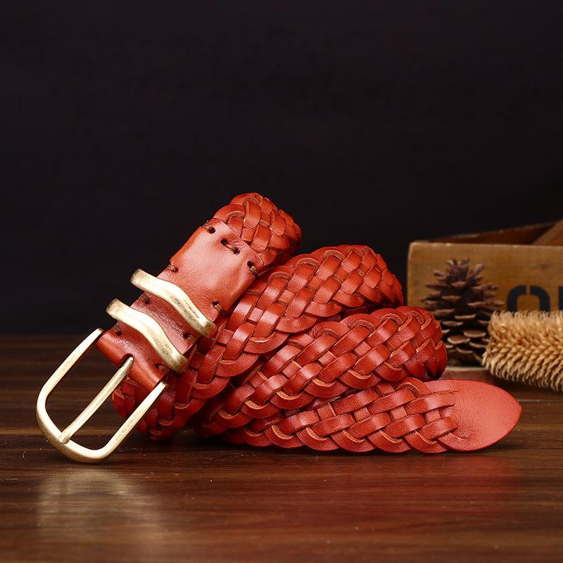 Personalized Fashion Trend, Hand-Woven Belt For Women, Free Punching, Versatile Retro Pure Cowhide Woven Genuine Leather Belt For Women