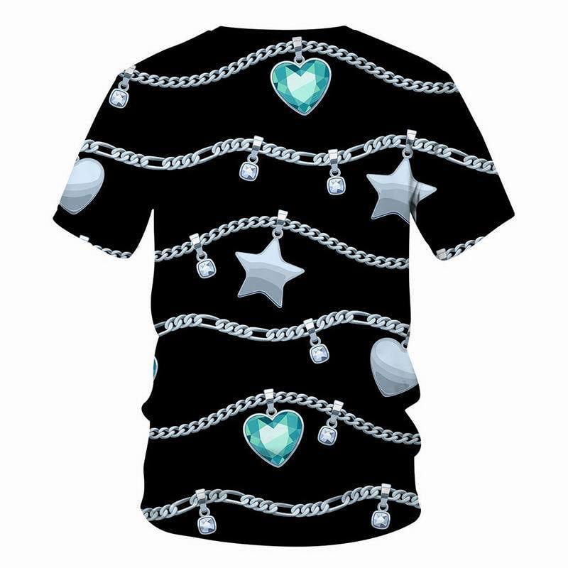 Crystal Necklace Pattern T-shirt Leopard Jewelry 3D Printing T Shirt Round Neck Short Sleeves Summer For Men Street Fashion Tee