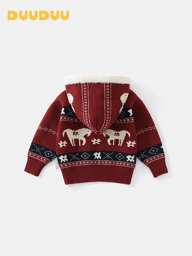 DUUDUU 2025 Kids' Winter Knit Cardigan - Thick & Cozy Red Sweater