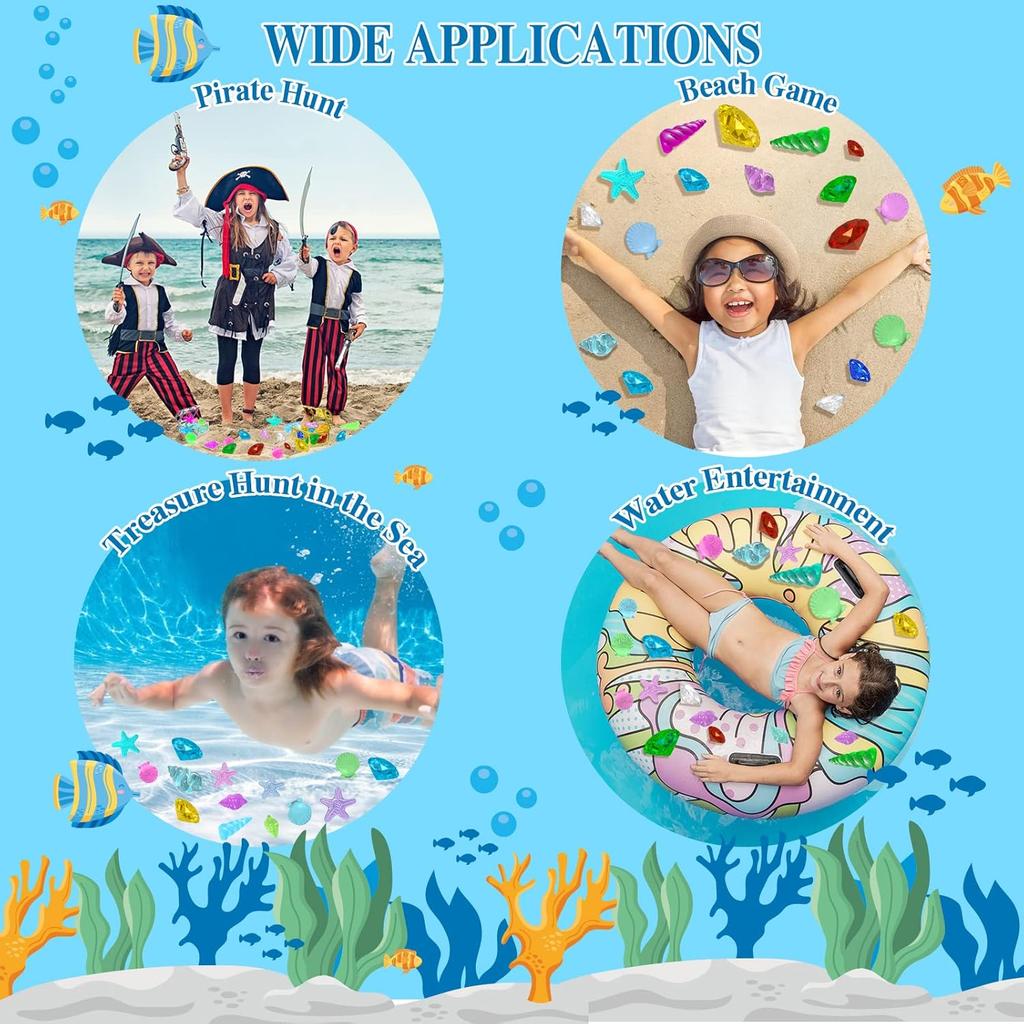 MGparty 24pcs Diving Gem Pool Toys Colorful Diamonds Set with Pirate Box Treasure Chest Summer Underwater Swimming Toys for Boys and Girls Pool Games