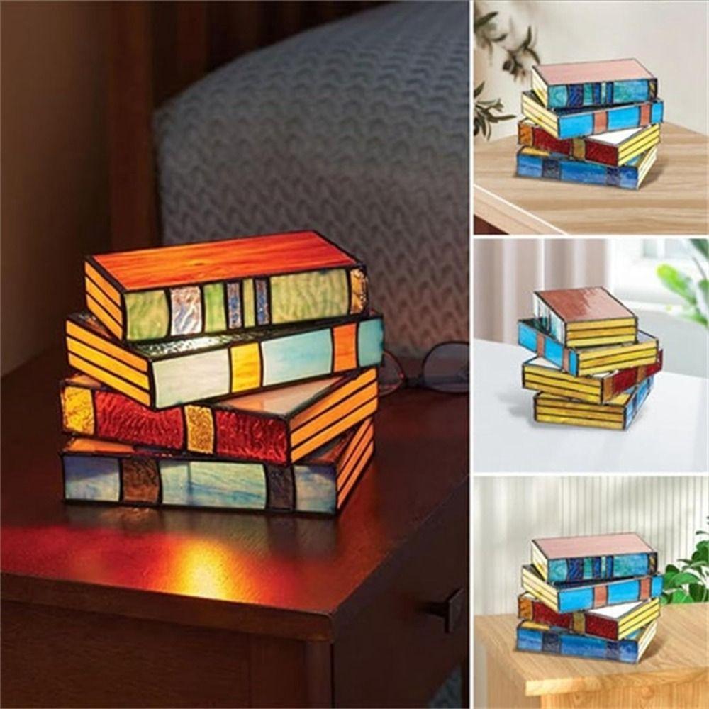 Colorful Design Stacked Books Lamp Resin Handicraft Stained Glass Desk Reading Light Art Craft Stacked Books Design