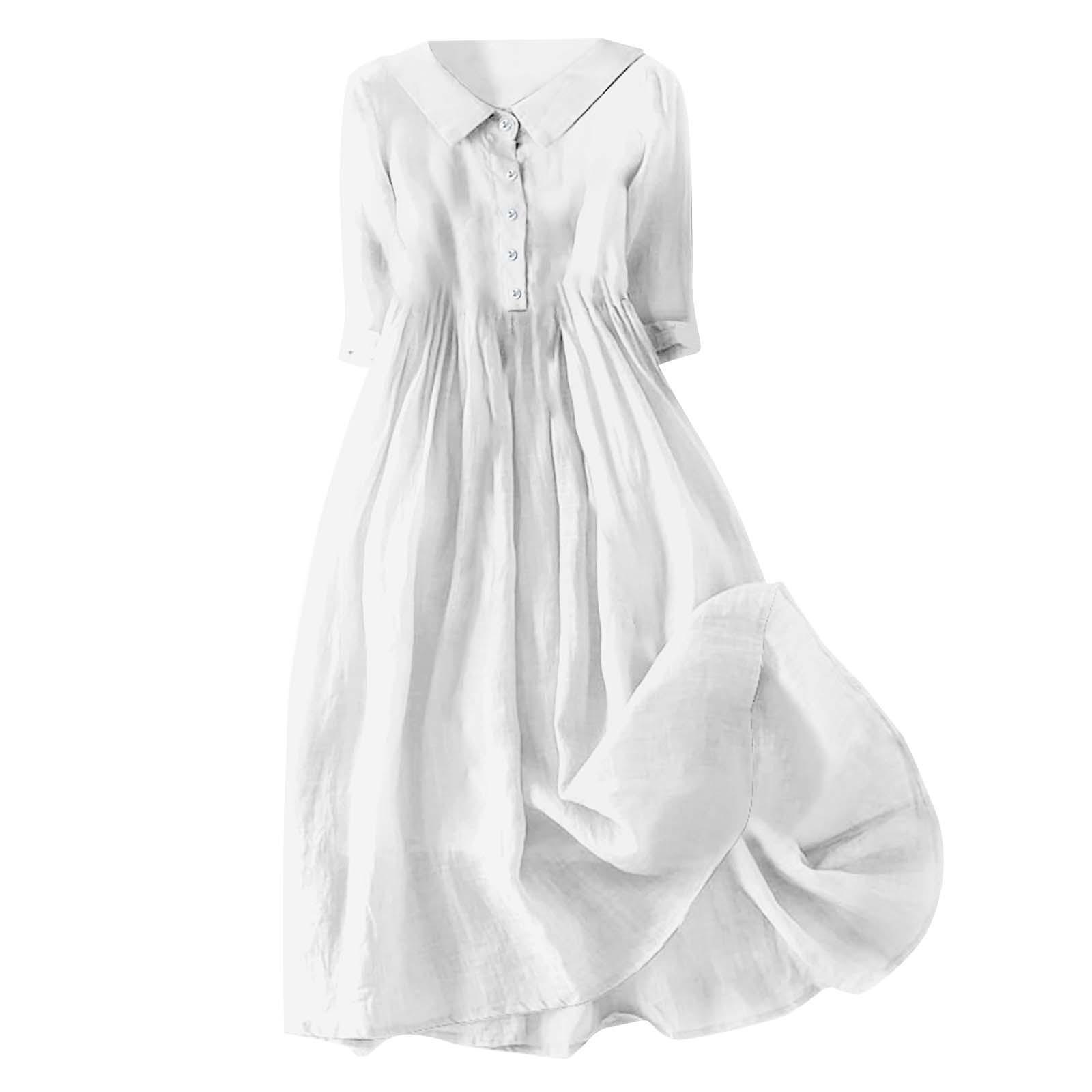 

LYRIA Loose Cotton Linen Women s Casual Dress Pure Color Long Sleeve Button Front Comfortable Summer Fashion Korean Style Dress S белый