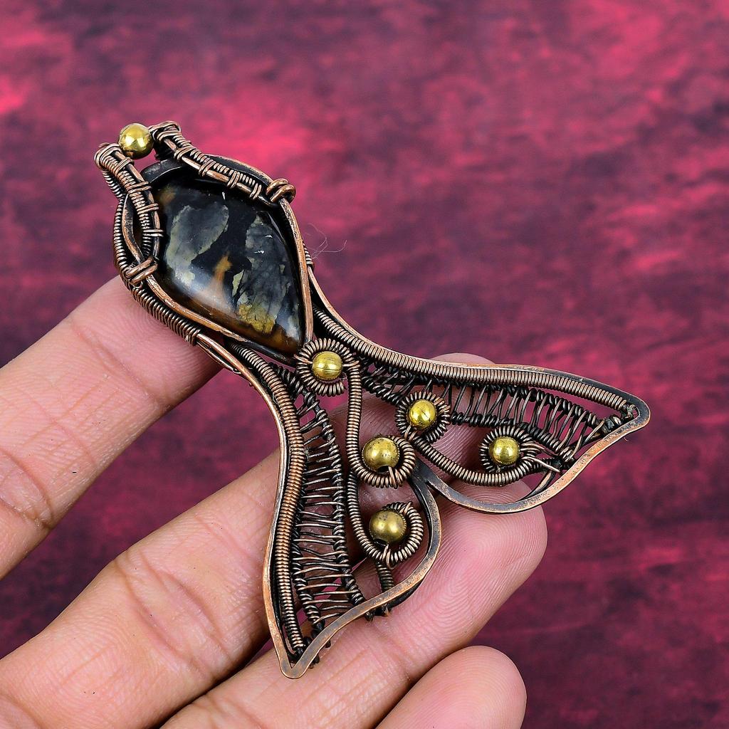 Picasso Jasper Gemstone Pendant Handmade Copper Wire Wrapped Jewelry Fish Pendant