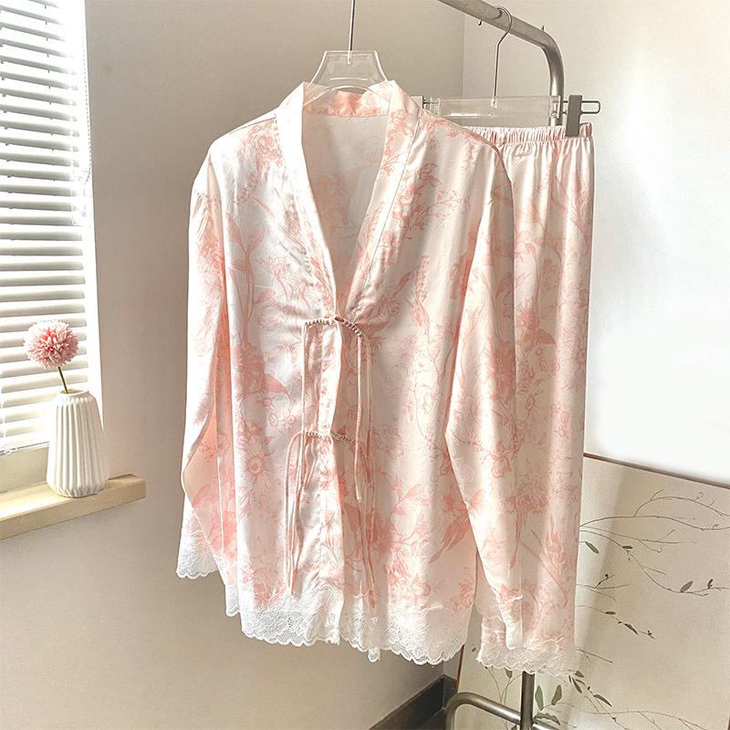 

Женский весенне-летний пижамный комплект из ледяного шелка и бамбука - атласный шифон в национальном стиле для дома L (for 50-60 kg) розовый