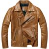 Chinese Size Men Leather Jackets Oil Waxed Yellow Brown Genuine Cow Leather Jacket for Men Cowhide Motorcycle Biker Jackets