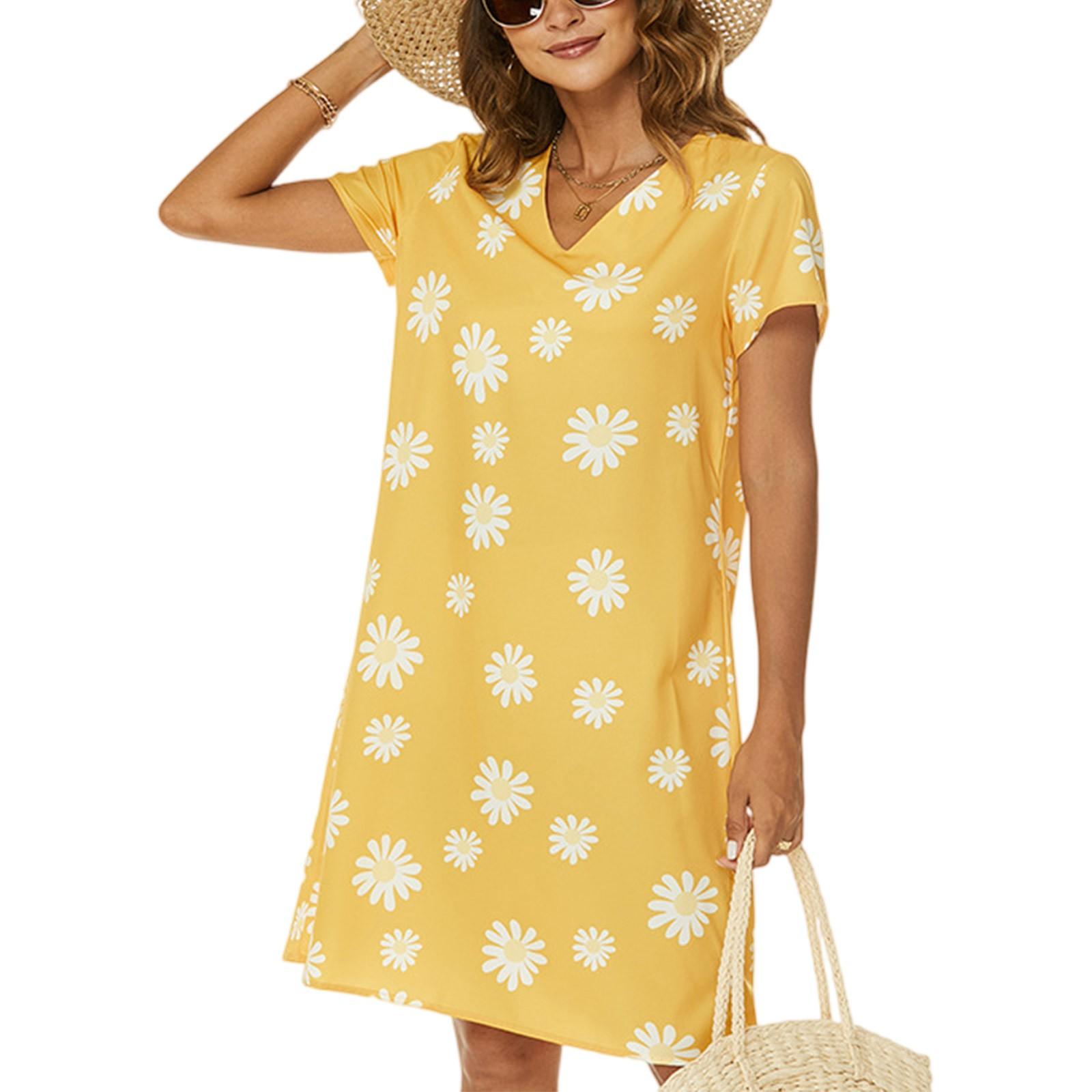 

Женское модное платье с V-образным вырезом, коротким рукавом и цветочным принтом, повседневное XL жёлтый