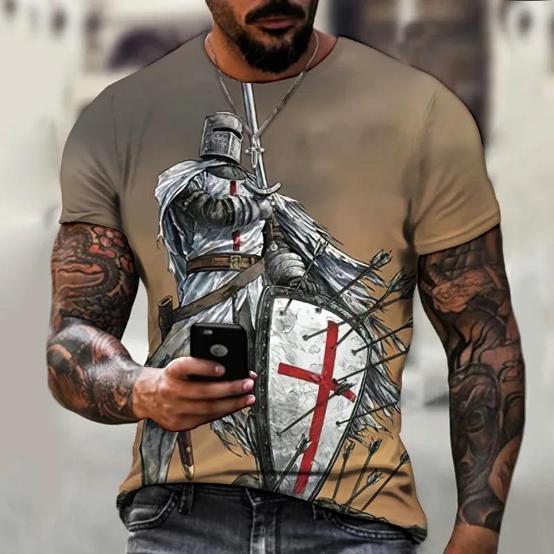 Summer Round Neck 3D Templar Knight Pattern Printed Top Fashionable Casual Short Sleeved Men's T-shirts