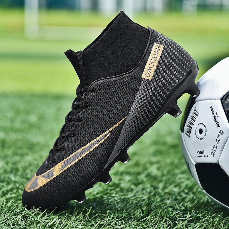 Football shoes high-top broken nails artificial turf leather feet men's and women's spikes competition student training shoes one piece 2025