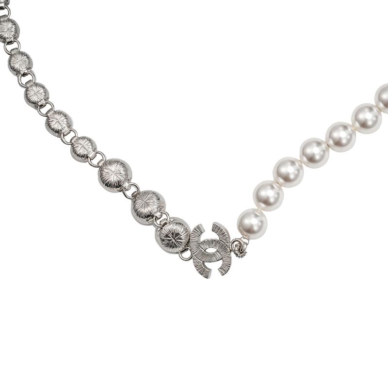 CHANEL Classic Double C Pearl and Rhinestone Necklace Women's Silver