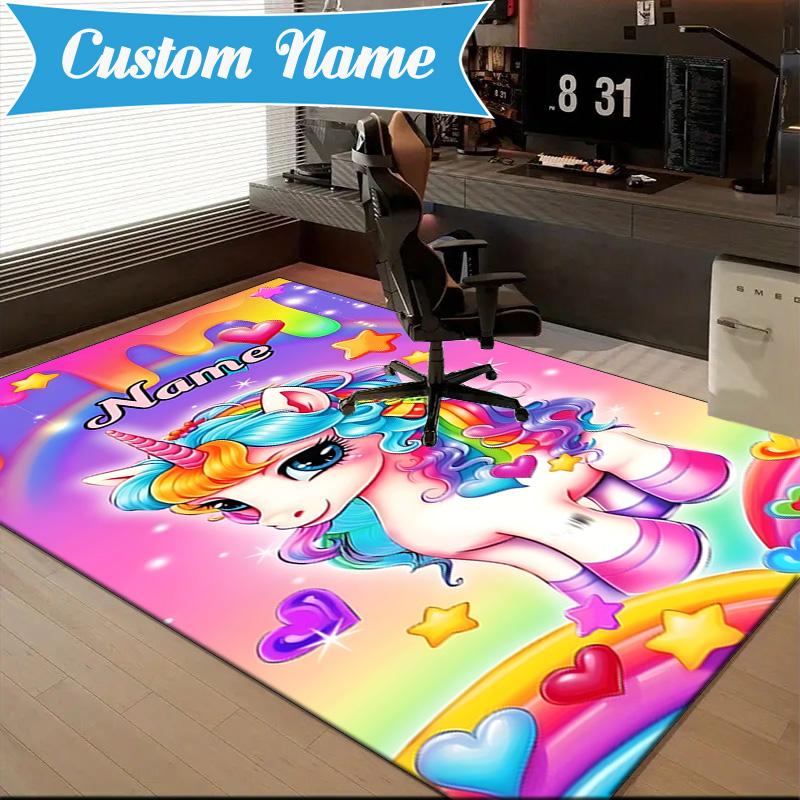 Custom Name Rainbow Unicorn Dream Rug for Living Room, Game Rooms, Office, Bedroom, Floor Mat Playful Design, fan gifts Christmas decor