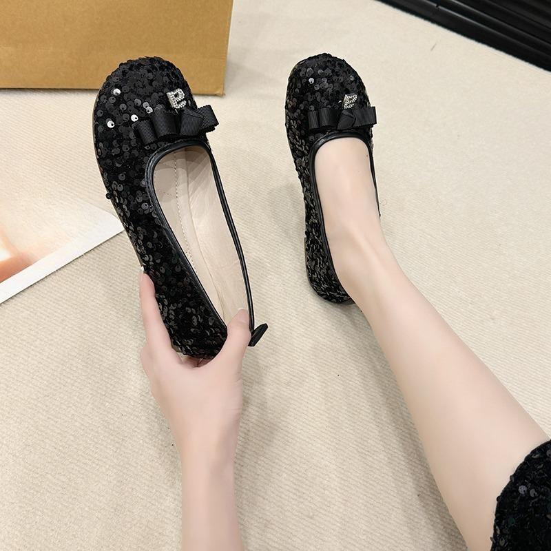 Sequin Cloth Soft Sole Single Shoes Women's Fashion Round Toe Shallow Mouth Bow Non-Slip Wear-Resistant Flats