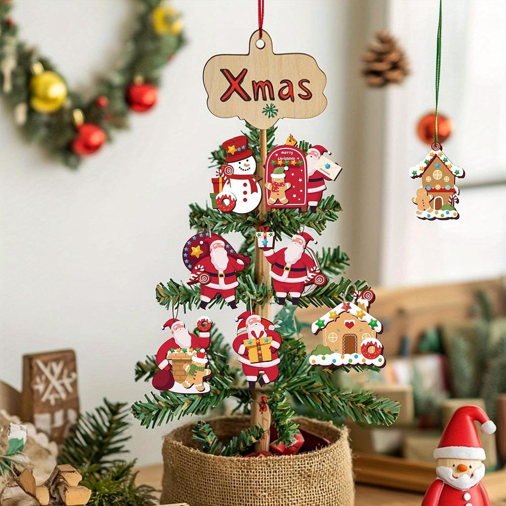 10Pcs Christmas Wooden Pendants Santa Claus Xmas Tree Hanging Ornaments Home Party Christmas Decor New Year Gifts