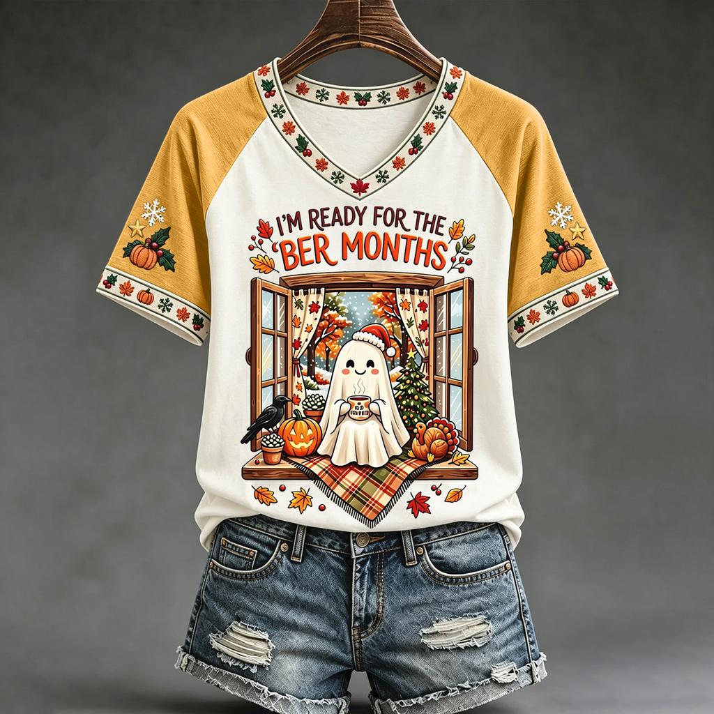 Women's Casual V-Neck Raglan Short Sleeve Color Print Top for Everyday Wear