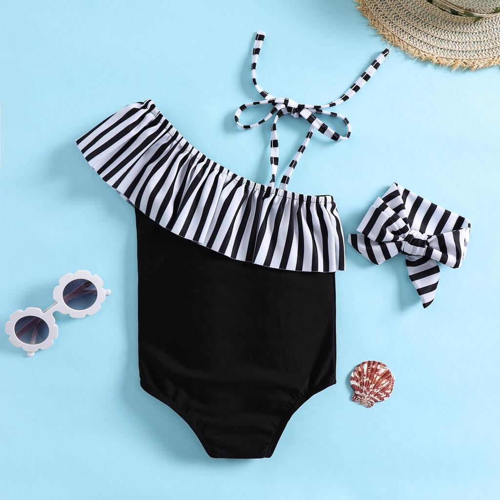 One-Shoulder Striped Swimsuit for Girls - Skirted Triangle One-Piece
