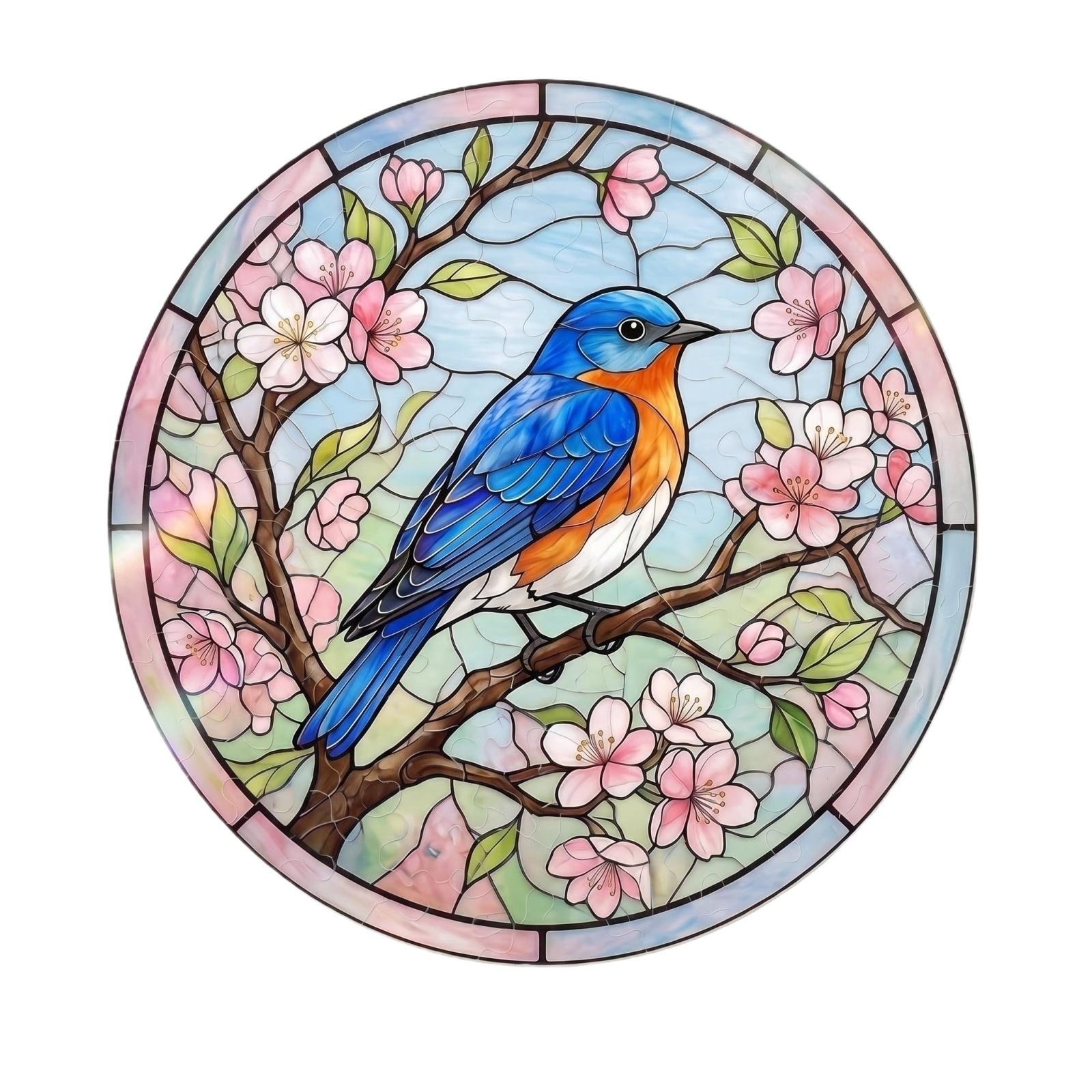 

Acrylic Flat Puzzle Sun Catcher Bluebird on Branch with Blossoms Decorative Hanging Window Ornament for Home and Garden one size