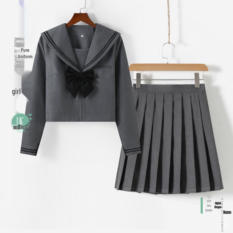 Graue authentische zweifarbige JK-Matrosenuniform mit Faltenrock - Damen-Set