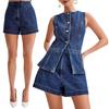 Women Vest Shorts Sleeveless Single-breasted Split Hem Round Neck Buttons Slim Fit