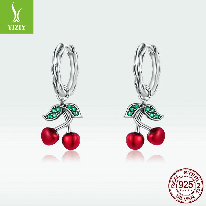 Sweet Cherry S925 Silver Earrings, Oil Drop Inlaid Zircon Stud Earrings Sce905