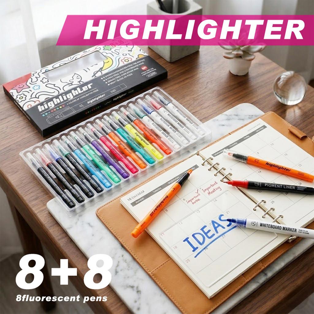 16Pcs Multicolored Glowing Highlighter Fluorescent Color Marker Pens For Note Taking Sketching Highlighting Doodling