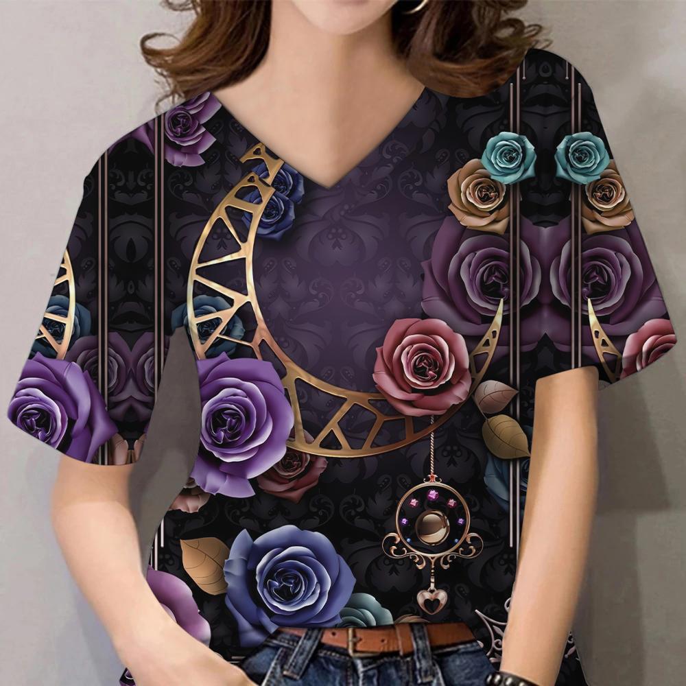 3D Floral Print Women Short Sleeve Tops V Neck Summer Lovers Couples T Shirt
