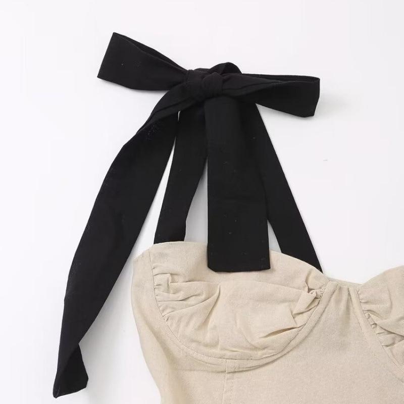 Summer Retro Color Block Bow Spaghetti Strap Dress - European & American Linen Blend Women's Clothing