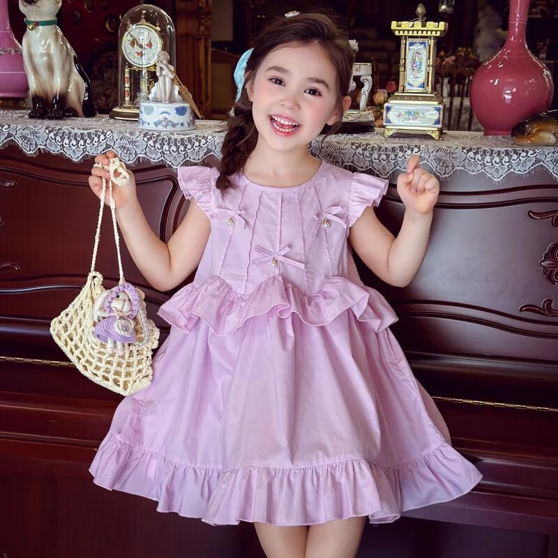 MIMIHELLO Girls 2026 Summer Cotton Flutter Sleeve Dress 100 светло-фиолетовый