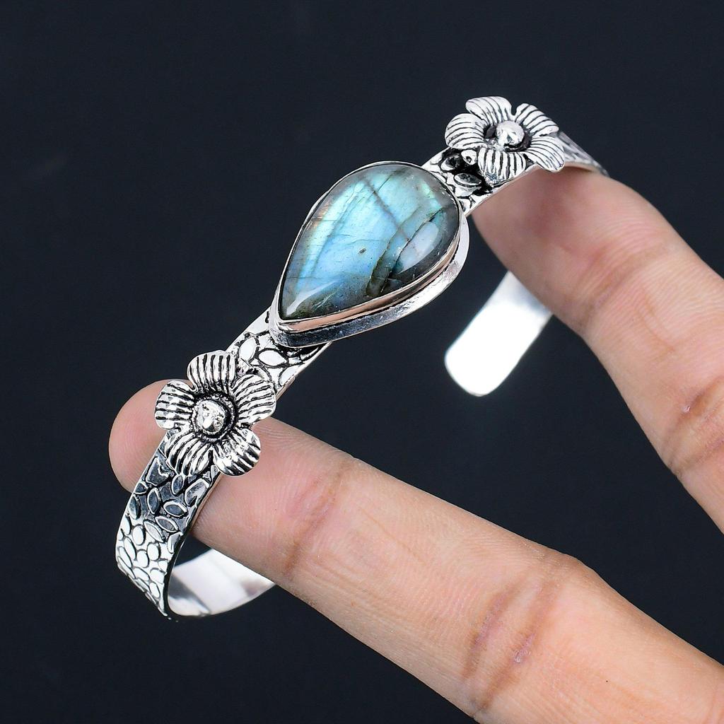 Halloween Sale 925 Sterling Silver Labradorite Gemstone Flower Bangle Bracelet
