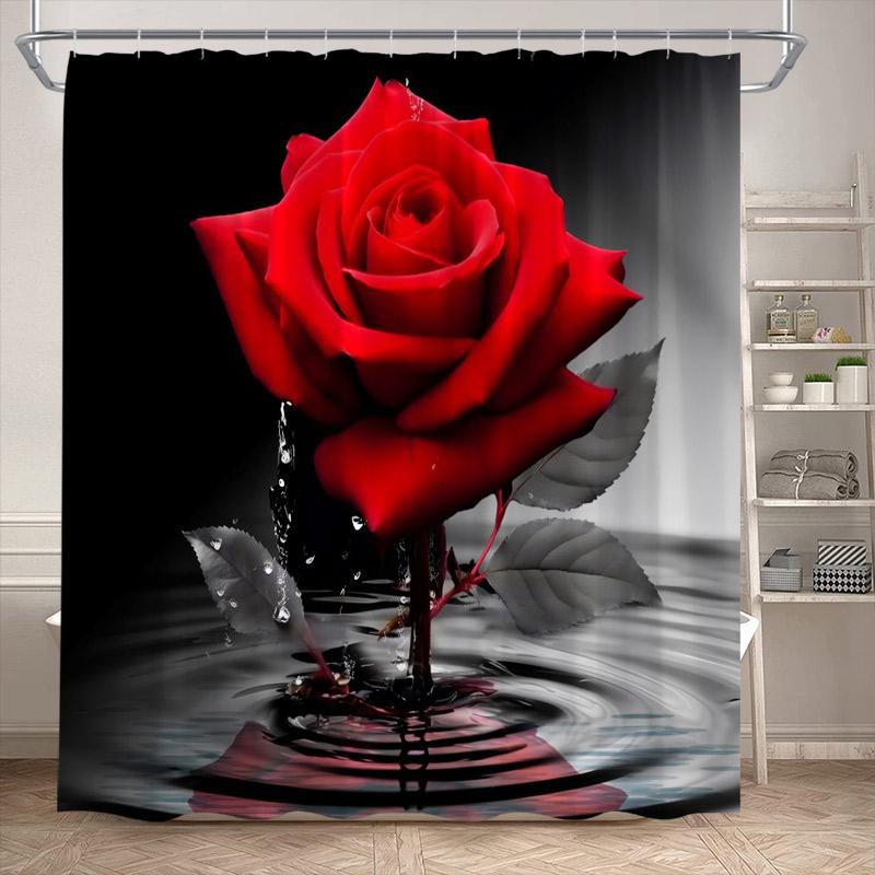 Rosa Ros Blommiga Duschdraperier Naturlig Grön Växt Blommor Alla Hjärtans Dag Badrumsdraperi Modernt Tyg Badrumsinredning med Krokar
