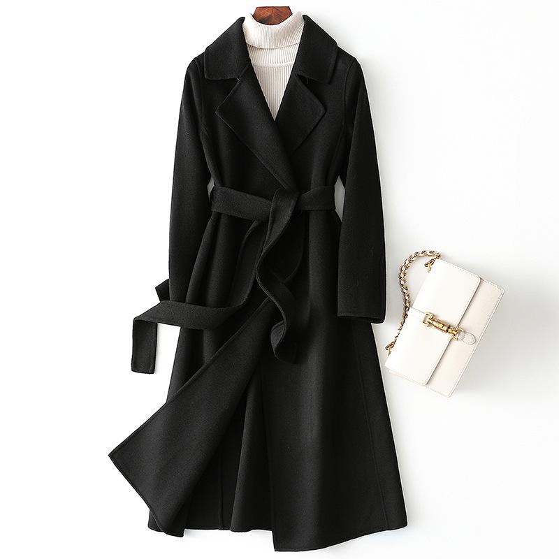 

Двустороннее кашемировое пальто женское 2024 новое облегающее и тонкое длинное шерстяное пальто в стиле Хепберн оптом S чёрный