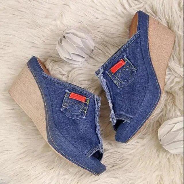 Ladies s Denim Sandals Slippers Platform Sandals Summer Ladies s Fish Mouth Platform High Heels Wedges 36 1970₽
